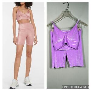 Lanston Sport LA mindful biker shorts & bra set lilac purple velvet XS